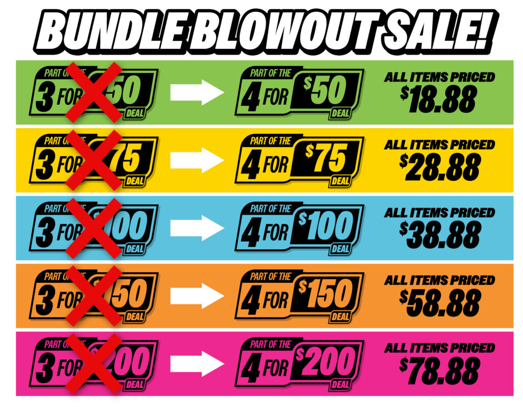 Six colorful sale stripes showing a crossed-out '3 for 50' left deal, an arrow to a '4 for $50/75/100/150/200' middle deal, and a bold 'All items priced' final price (18.88, 28.88, 38.88, 58.88, 78.88) on the right, announcing a Bundle Blowout Sale.