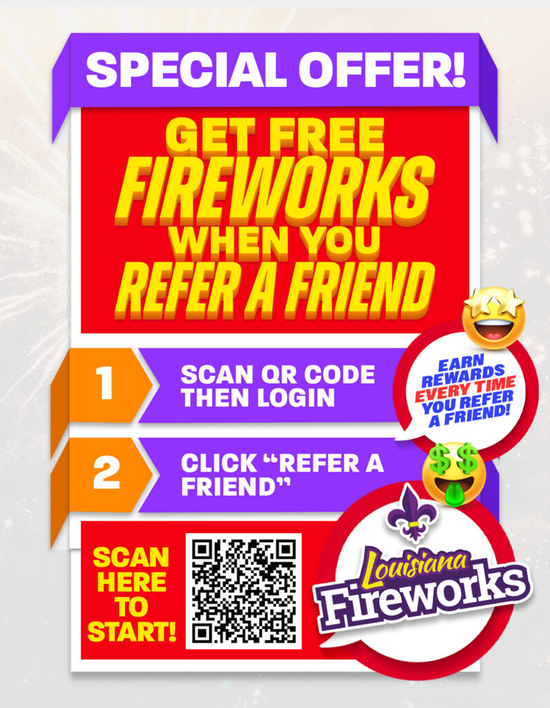 Promotional banner offering free fireworks for referring a friend, with a QR code and rewards graphic.